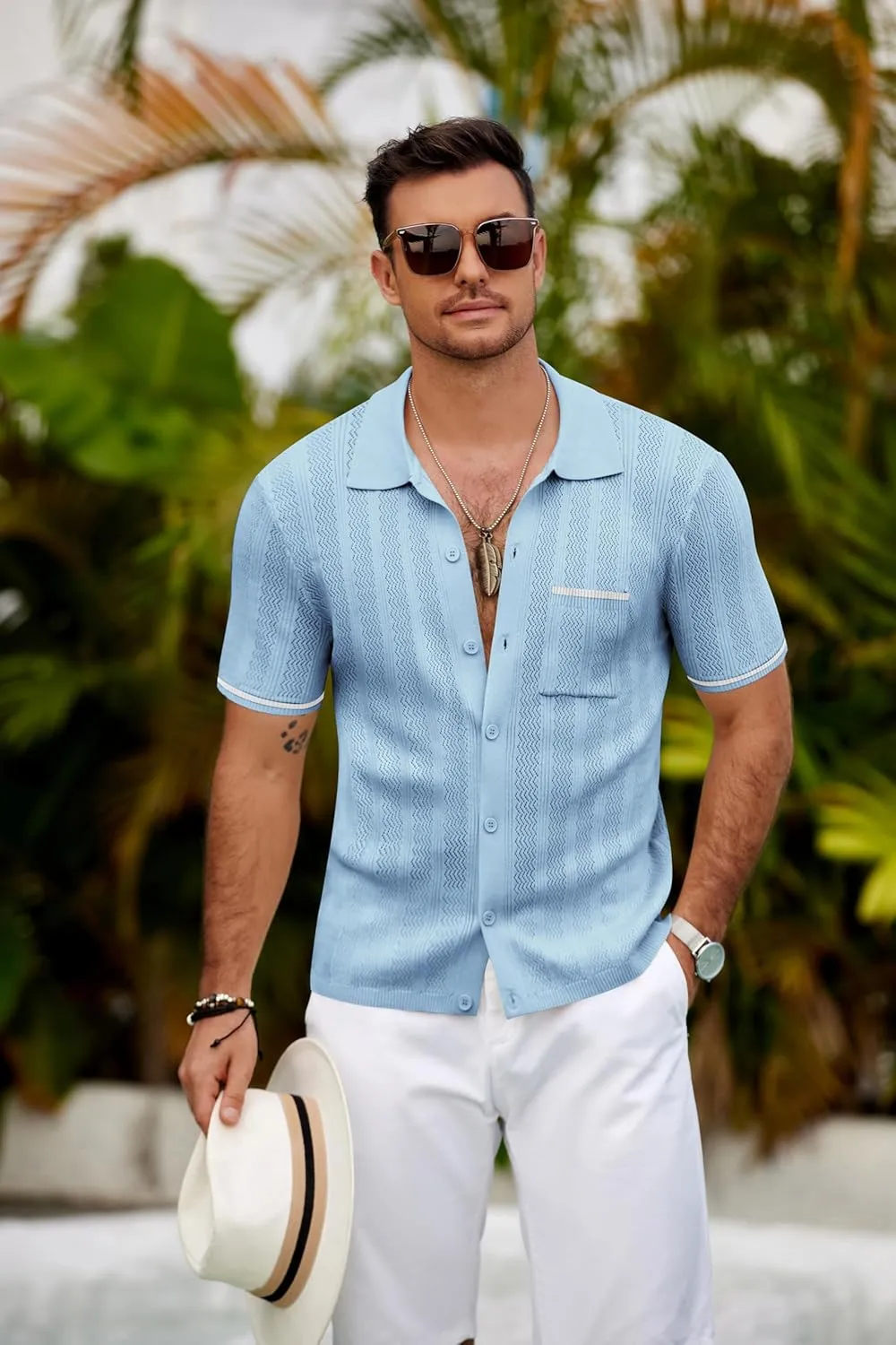 COOFANDY Men's Knit Button Down Shirt 2025 Vintage Short Sleeve Polo Shirt Casual Beach Tops