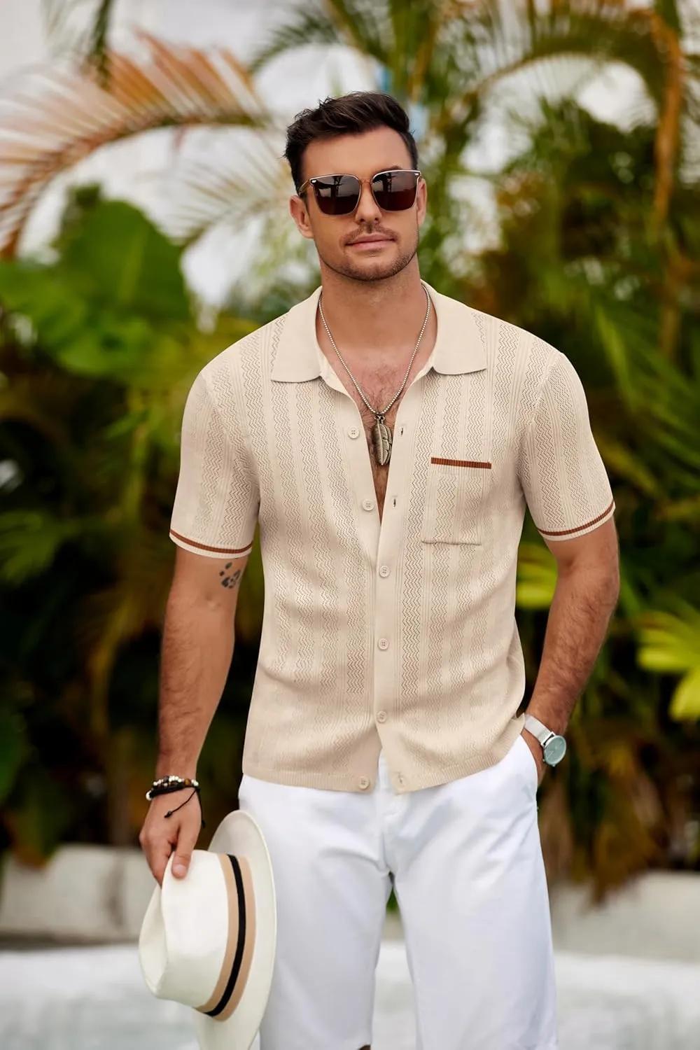 COOFANDY Men's Knit Button Down Shirt 2025 Vintage Short Sleeve Polo Shirt Casual Beach Tops