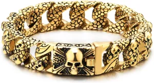 COOLSTEELANDBEYOND Gold Black Snake Skin Pattern Curb Chain Mens Large Steel Bracelet with Pirate Skull Clasp
