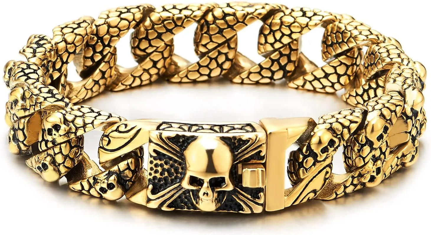 COOLSTEELANDBEYOND Gold Black Snake Skin Pattern Curb Chain Mens Large Steel Bracelet with Pirate Skull Clasp