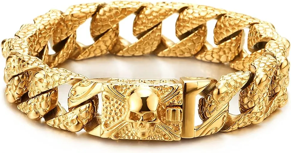 COOLSTEELANDBEYOND Gold Skull Charms Snake Skin Pattern Curb Chain Mens Large Steel Bracelet with Pirate Skulls Clasp