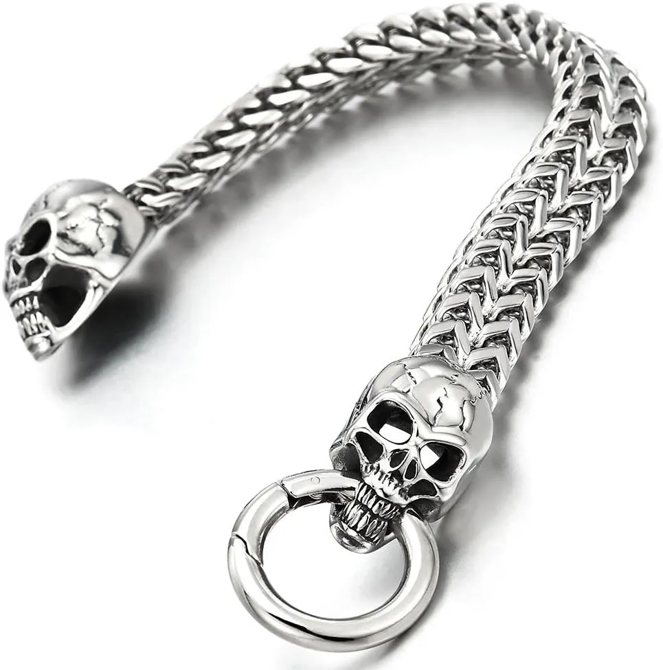 COOLSTEELANDBEYOND Gothic Mens Stainless Steel Skull Franco Link Curb Chain Bracelet with Spring Ring Clasp