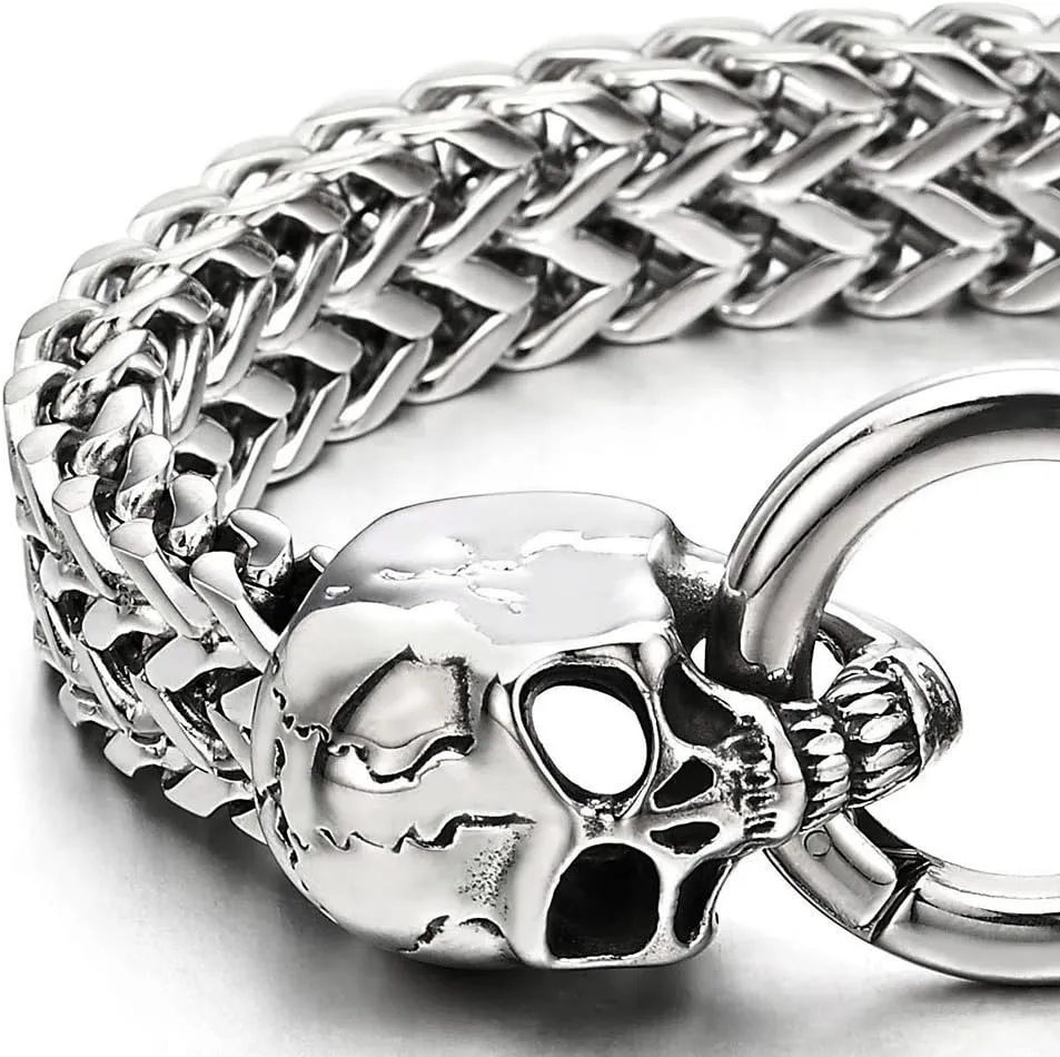 COOLSTEELANDBEYOND Gothic Mens Stainless Steel Skull Franco Link Curb Chain Bracelet with Spring Ring Clasp