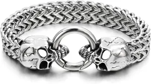 COOLSTEELANDBEYOND Gothic Mens Stainless Steel Skull Franco Link Curb Chain Bracelet with Spring Ring Clasp