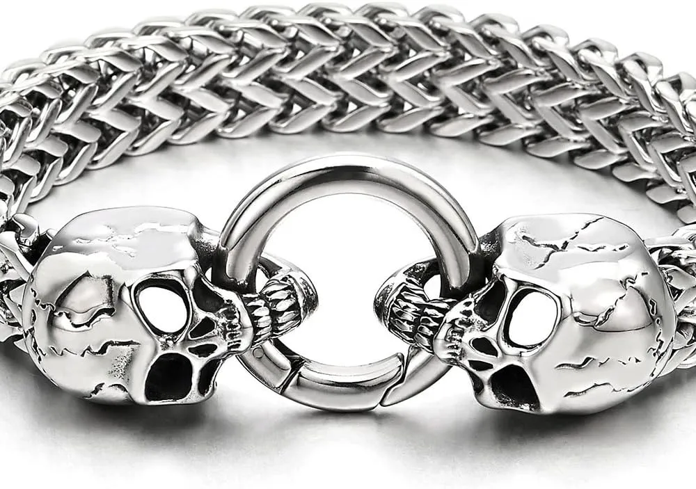 COOLSTEELANDBEYOND Gothic Mens Stainless Steel Skull Franco Link Curb Chain Bracelet with Spring Ring Clasp