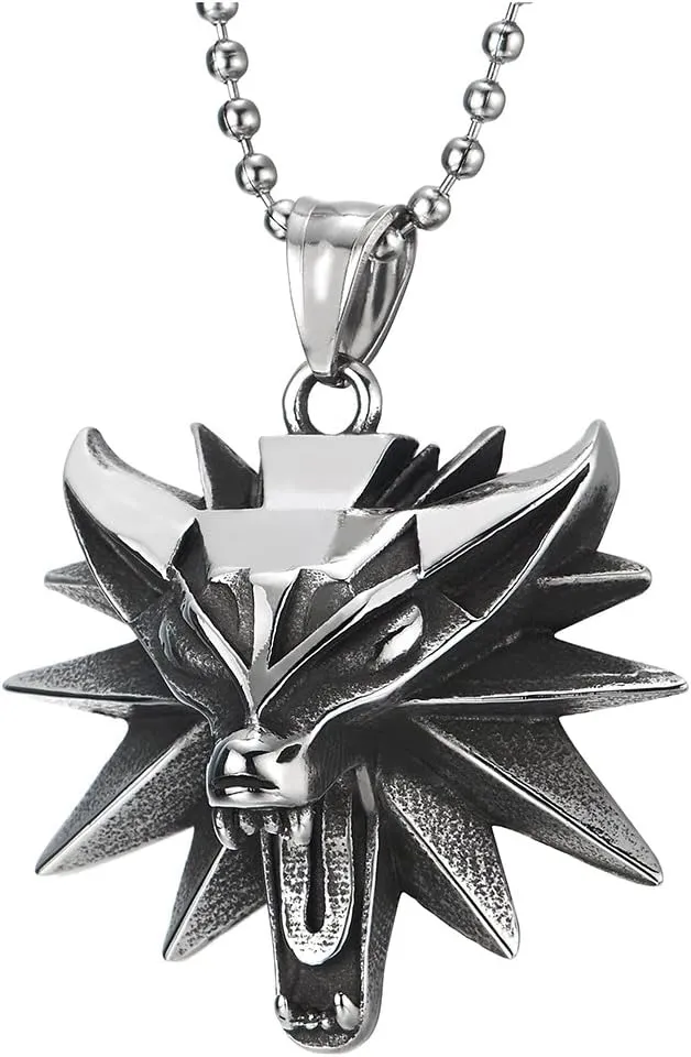 COOLSTEELANDBEYOND Mens Women Vintage Steel Roaring Fox Head Pendant Necklace, 30 inches Ball Chain, Punk Rock