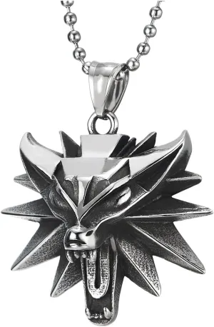 COOLSTEELANDBEYOND Mens Women Vintage Steel Roaring Fox Head Pendant Necklace, 30 inches Ball Chain, Punk Rock