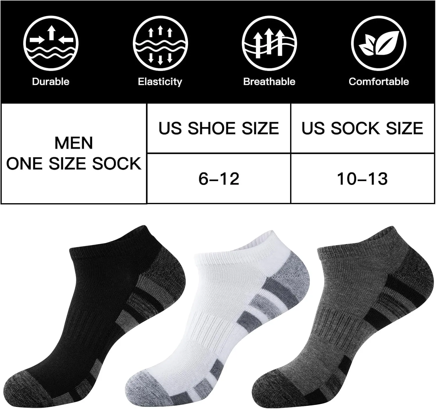 COOVAN 12 Pack Mens Ankle Socks Low Cut Cushioned Comfort Breathable Casual Socks 12 pairs