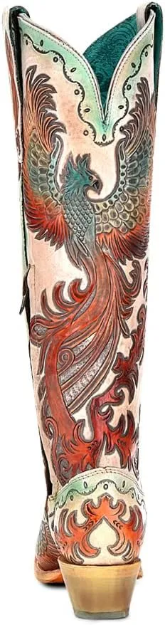 CORRAL LADIE'S WHITE HAND TOOLED & HAND PAINTED FIRE PHOENIX, LEATHER SOLE, COWHIDE LEATHER, WESTERN BOOTS, A4516