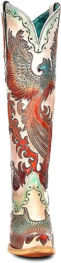 CORRAL LADIE'S WHITE HAND TOOLED & HAND PAINTED FIRE PHOENIX, LEATHER SOLE, COWHIDE LEATHER, WESTERN BOOTS, A4516