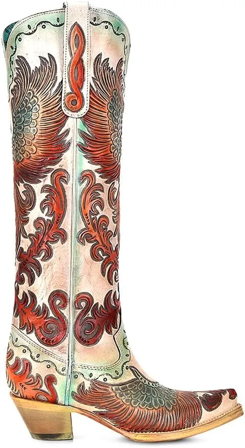 CORRAL LADIE'S WHITE HAND TOOLED & HAND PAINTED FIRE PHOENIX, LEATHER SOLE, COWHIDE LEATHER, WESTERN BOOTS, A4516