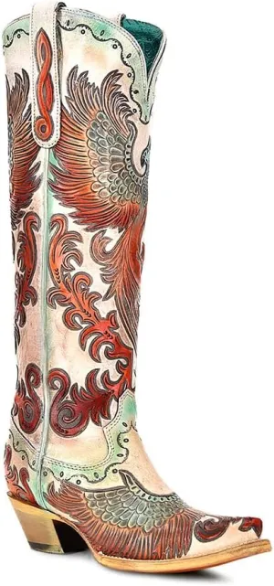 CORRAL LADIE'S WHITE HAND TOOLED & HAND PAINTED FIRE PHOENIX, LEATHER SOLE, COWHIDE LEATHER, WESTERN BOOTS, A4516