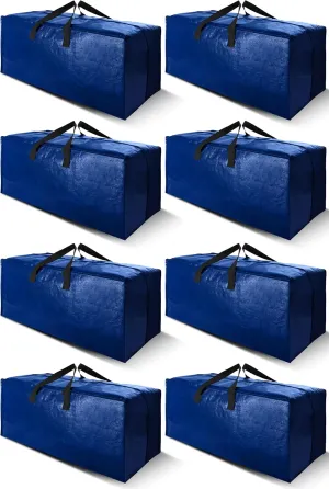 Cosy Family 8 Pack Heavy Duty Extra Large Moving Bags with Backpack Straps - Strong Handles & Zippers, Storage Totes For Space Saving, Fold Flat, Alternative to Moving Box (Set of 8, Blue)