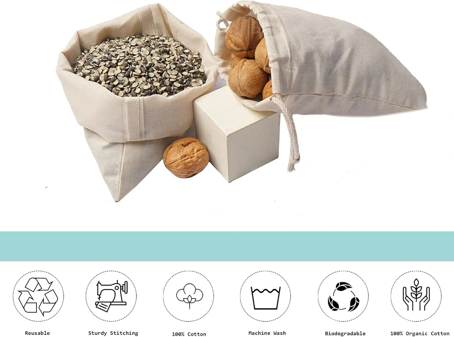 Cotton Muslin Bags, 100% Organic Cotton with Double Drawstring. Premium Quality Reusable Eco-Friendly Natural Muslin Bags. (50, 5x7 Inches)