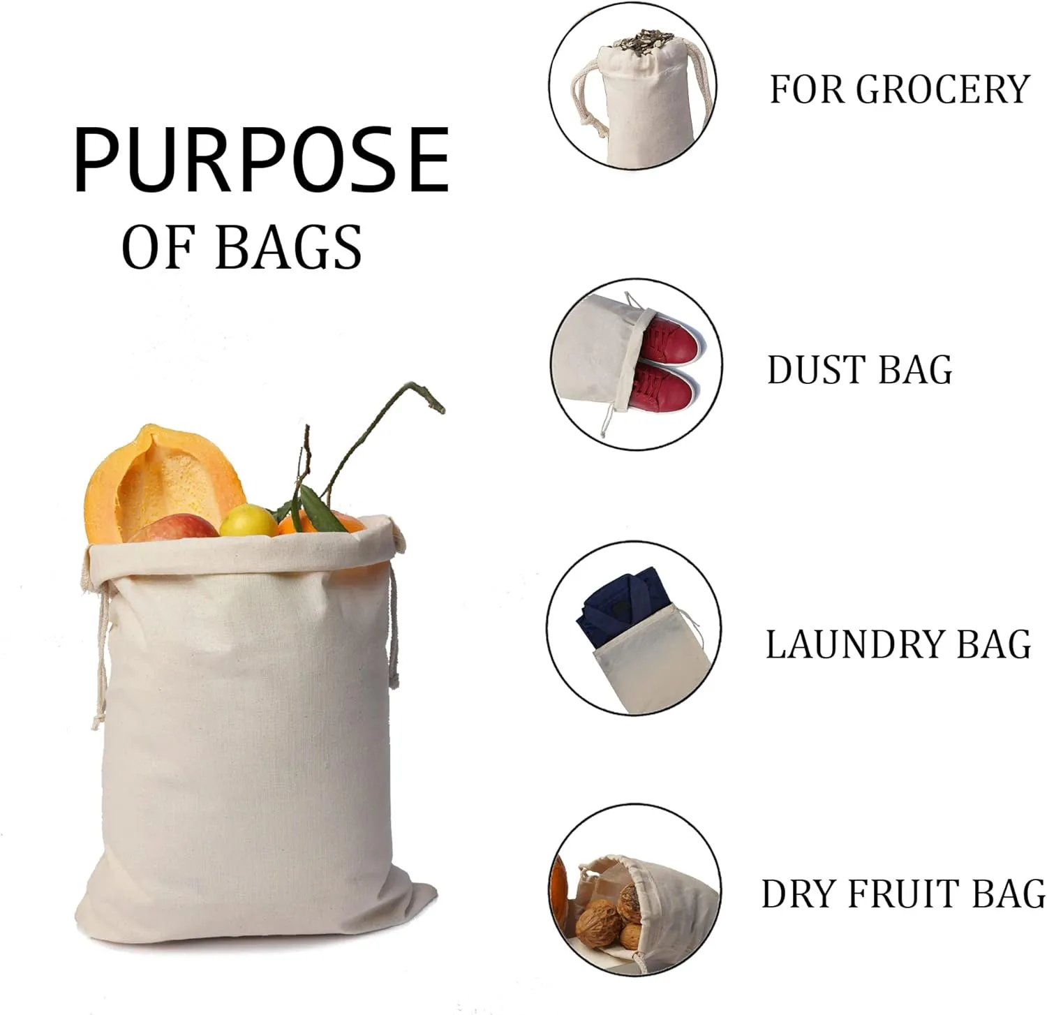 Cotton Muslin Bags, 100% Organic Cotton with Double Drawstring. Premium Quality Reusable Eco-Friendly Natural Muslin Bags. (50, 5x7 Inches)