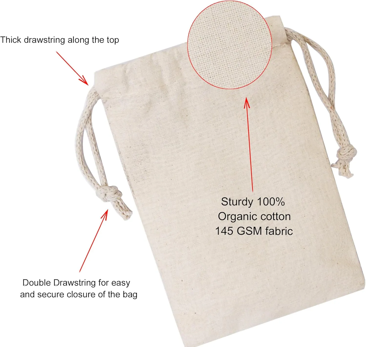 Cotton Muslin Bags, 100% Organic Cotton with Double Drawstring. Premium Quality Reusable Eco-Friendly Natural Muslin Bags. (50, 5x7 Inches)