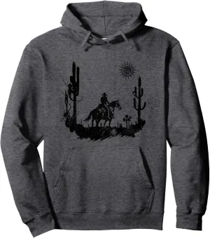 Cowboy Horseback Riding Country Desert Sunrise Rugged Retro Pullover Hoodie