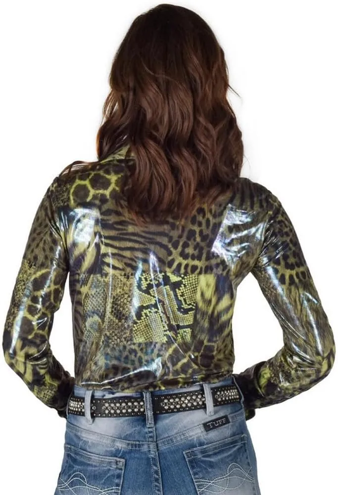 Cowgirl Tuff Western Shirt Womens L/S Animal Print Shiny Green 100772
