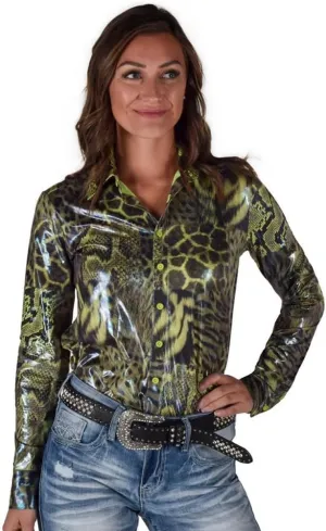 Cowgirl Tuff Western Shirt Womens L/S Animal Print Shiny Green 100772