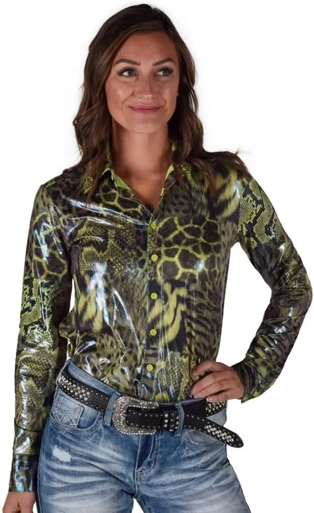 Cowgirl Tuff Western Shirt Womens L/S Animal Print Shiny Green 100772