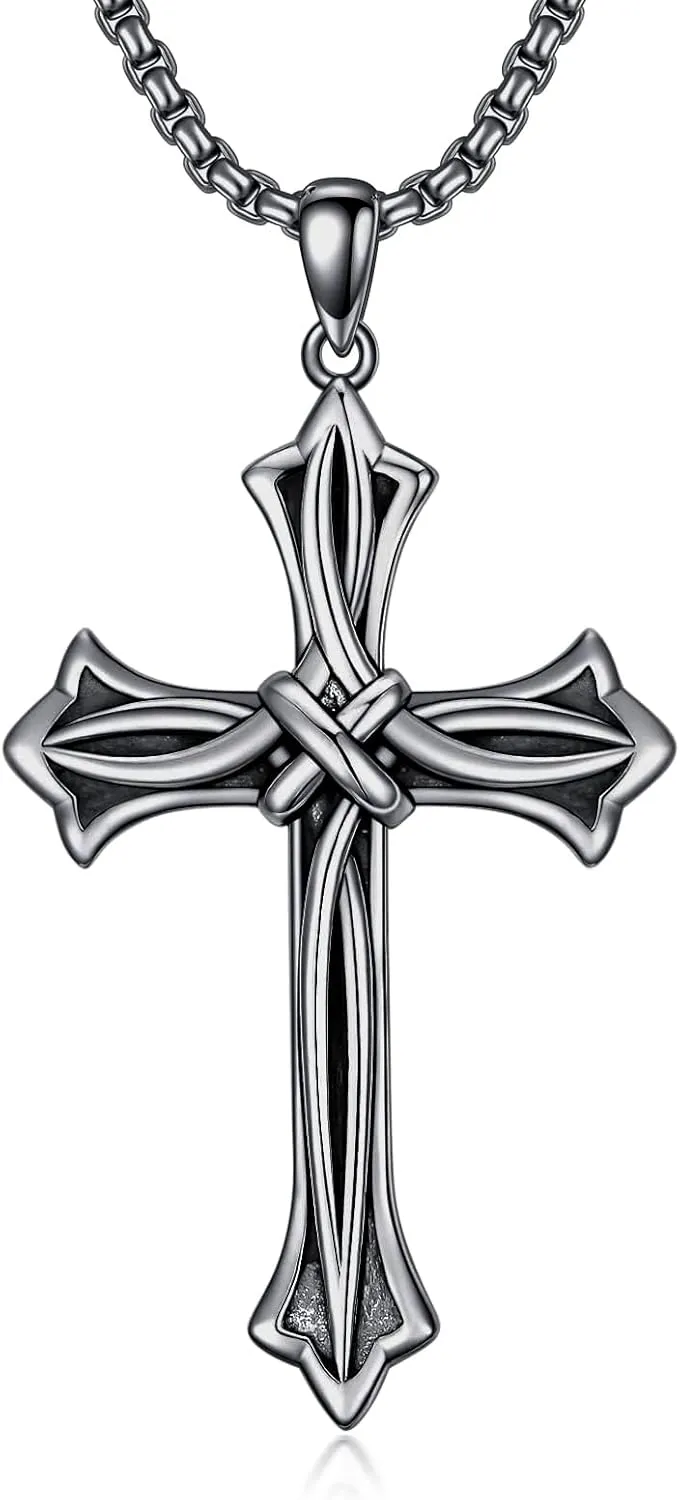 Cross Necklace for Men Women 925 Sterling Silver Celtic/Crucifix/Nail/Fish Hook Cross Pendant with Stainless Steel Chain Faith Jewelry Gift for Father Son Brother Husband