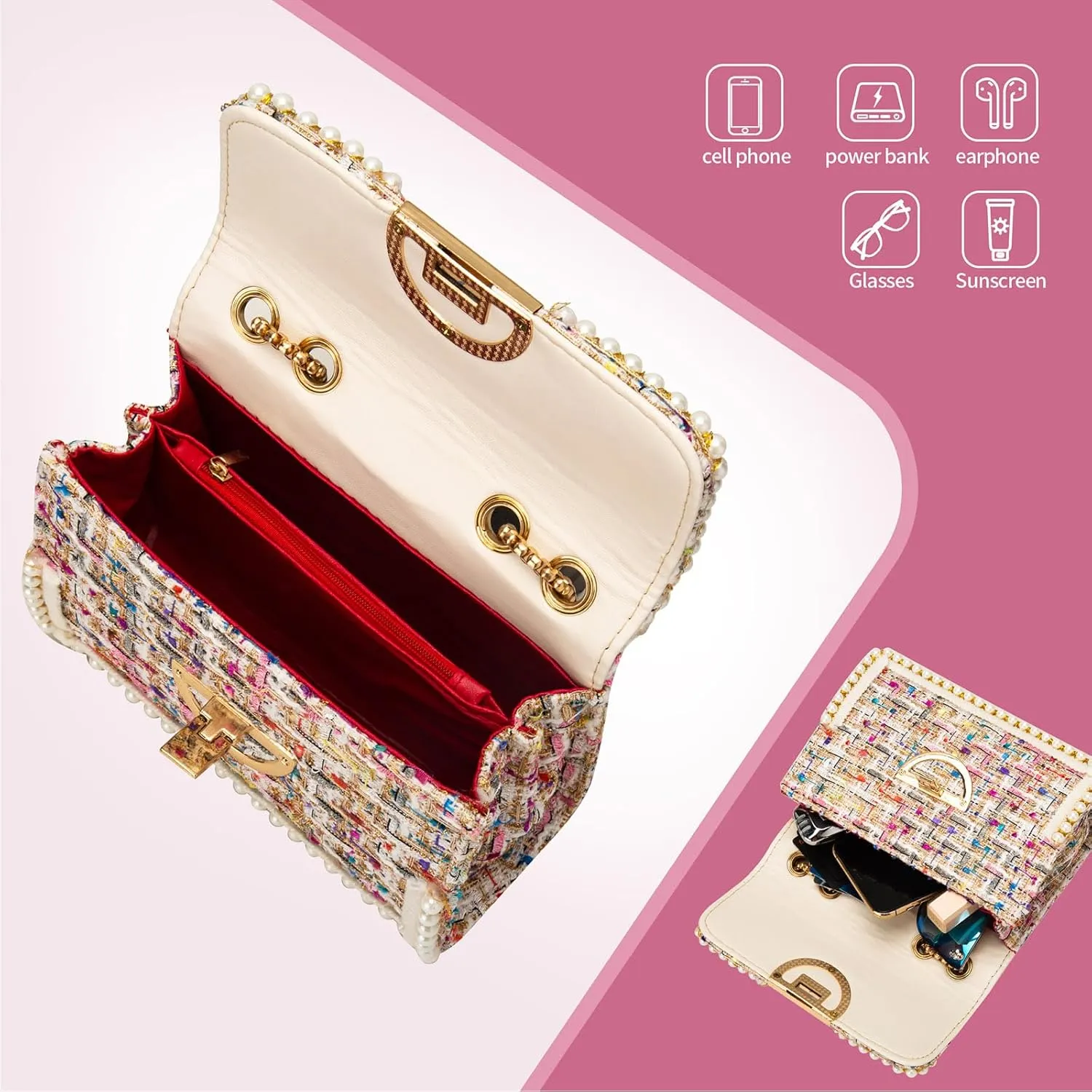 Crossbody Bags for Women Small Handbags Purse PU Leather pearl Shoulder Bag Cross Body Evening Bag, with Chain Strap