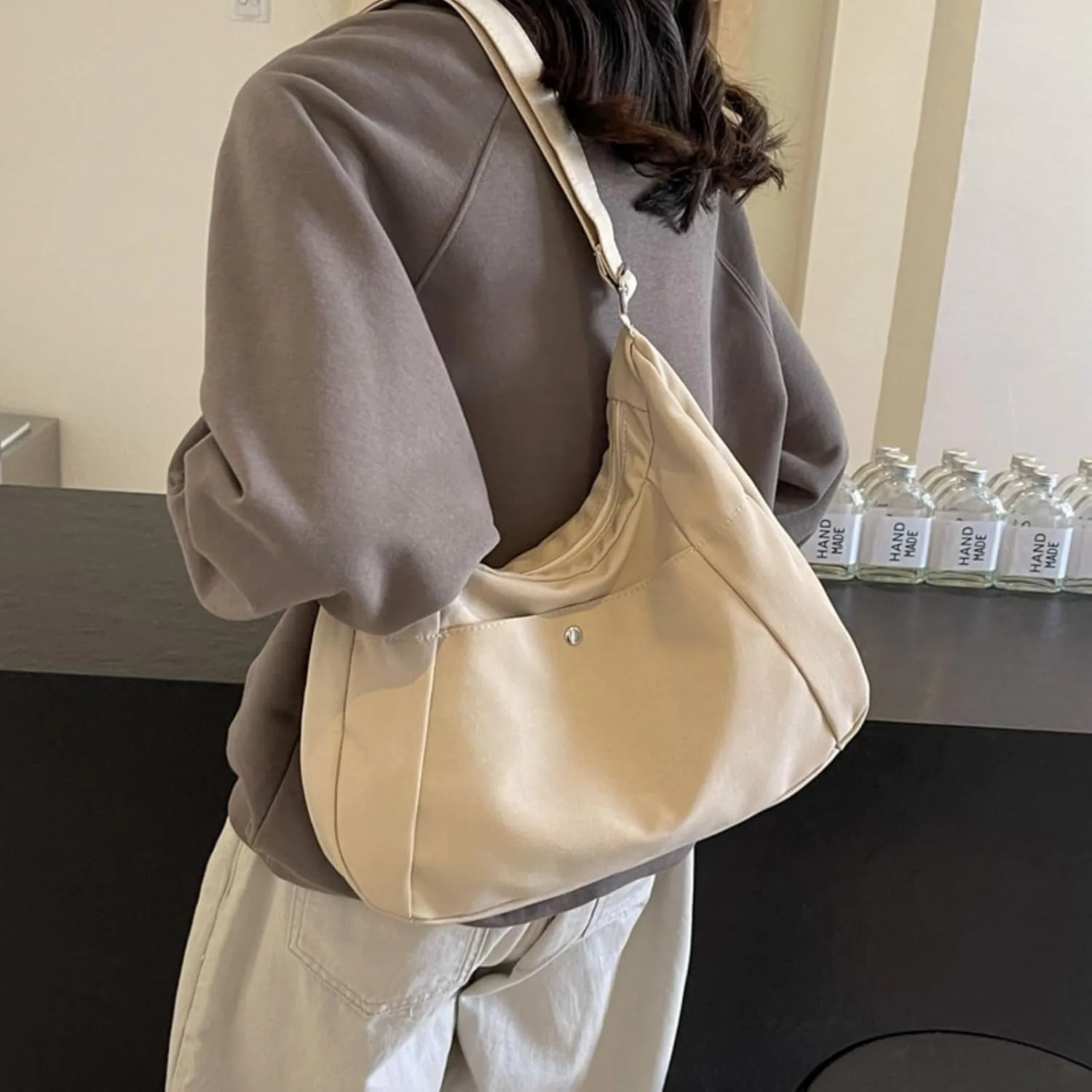 Crossbody Bags For Women with Adjustable Strap Nylon Canvas Shoulder Bag Lightweight Casual Handbags New Zipper Purse Large (Beige)