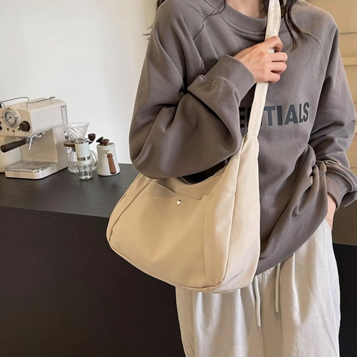 Crossbody Bags For Women with Adjustable Strap Nylon Canvas Shoulder Bag Lightweight Casual Handbags New Zipper Purse Large (Beige)