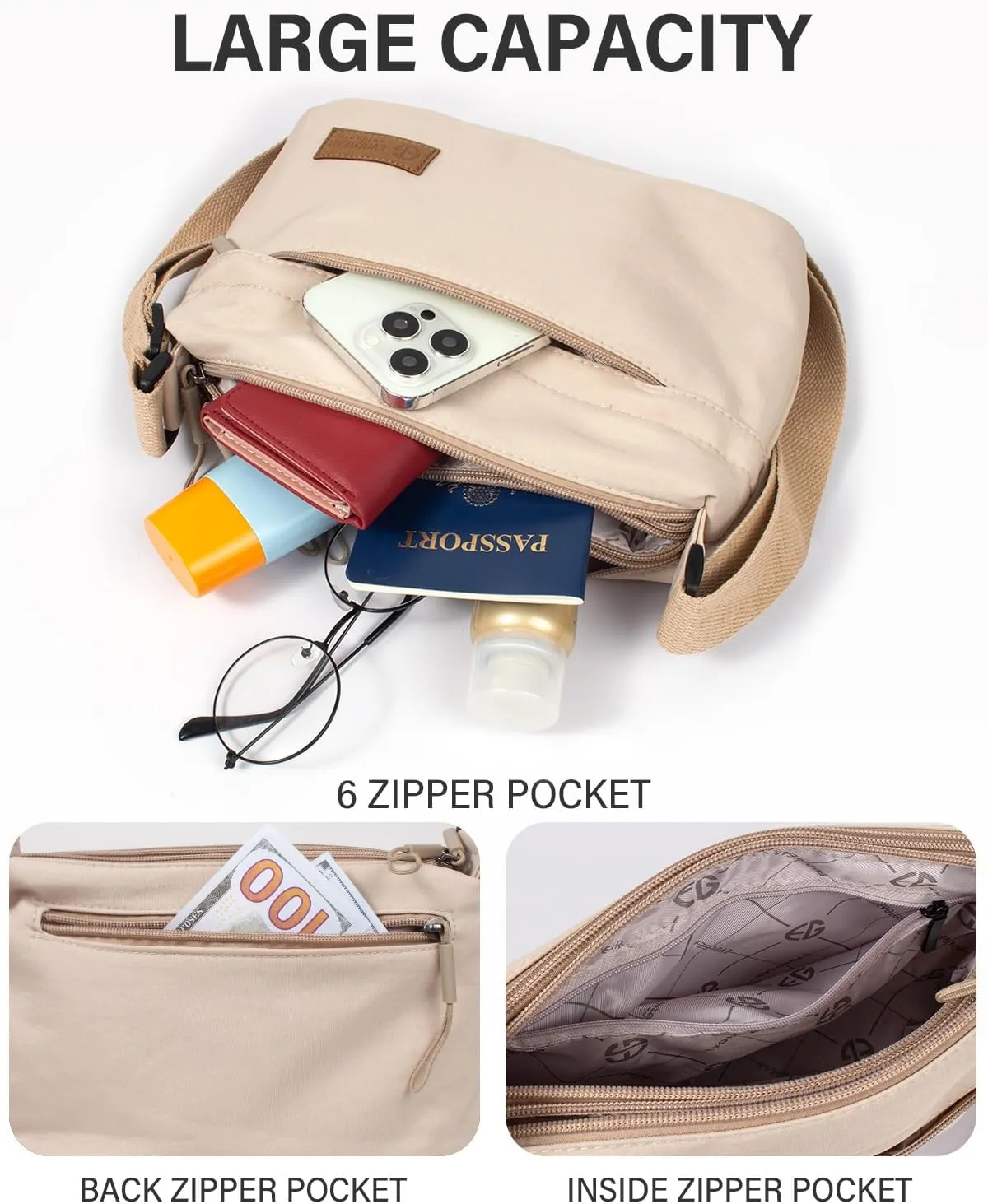 Crossbody Sling Bag Canvas Purse Small Shoulder Handbag 5 Pocket Casual Travel Messenger Hobo Bag Phone Satchel Backpack