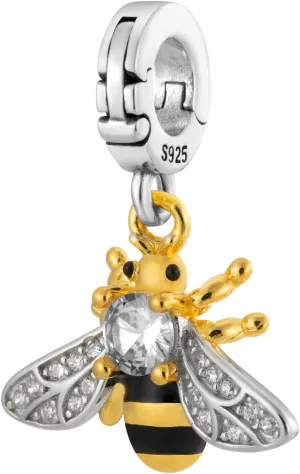 Crystal Honey Bee Multi-Clasp Clip On Pendant 14K Gold Plated over 925 Sterling Silver Charm For Pandora & Other Charm Bracelets/Necklaces