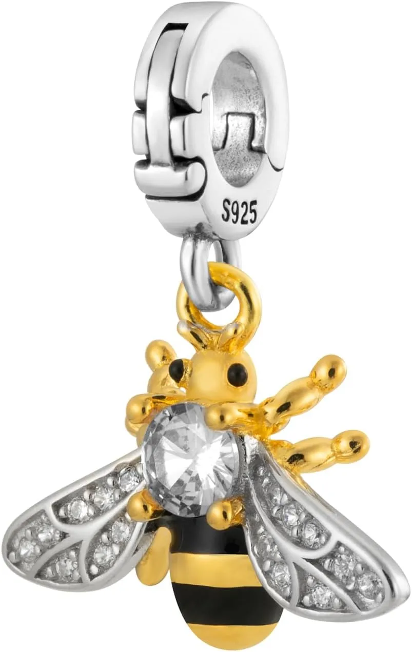 Crystal Honey Bee Multi-Clasp Clip On Pendant 14K Gold Plated over 925 Sterling Silver Charm For Pandora & Other Charm Bracelets/Necklaces
