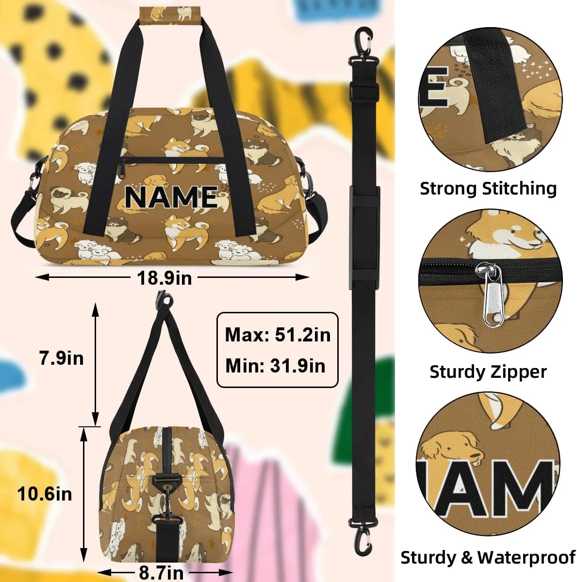 Custom Dog Small Gym Bag 18 inch for Women Men Personalized Puppy Little Cute Carry On Overnight Weekender Bag for Travel Work Dance Sport