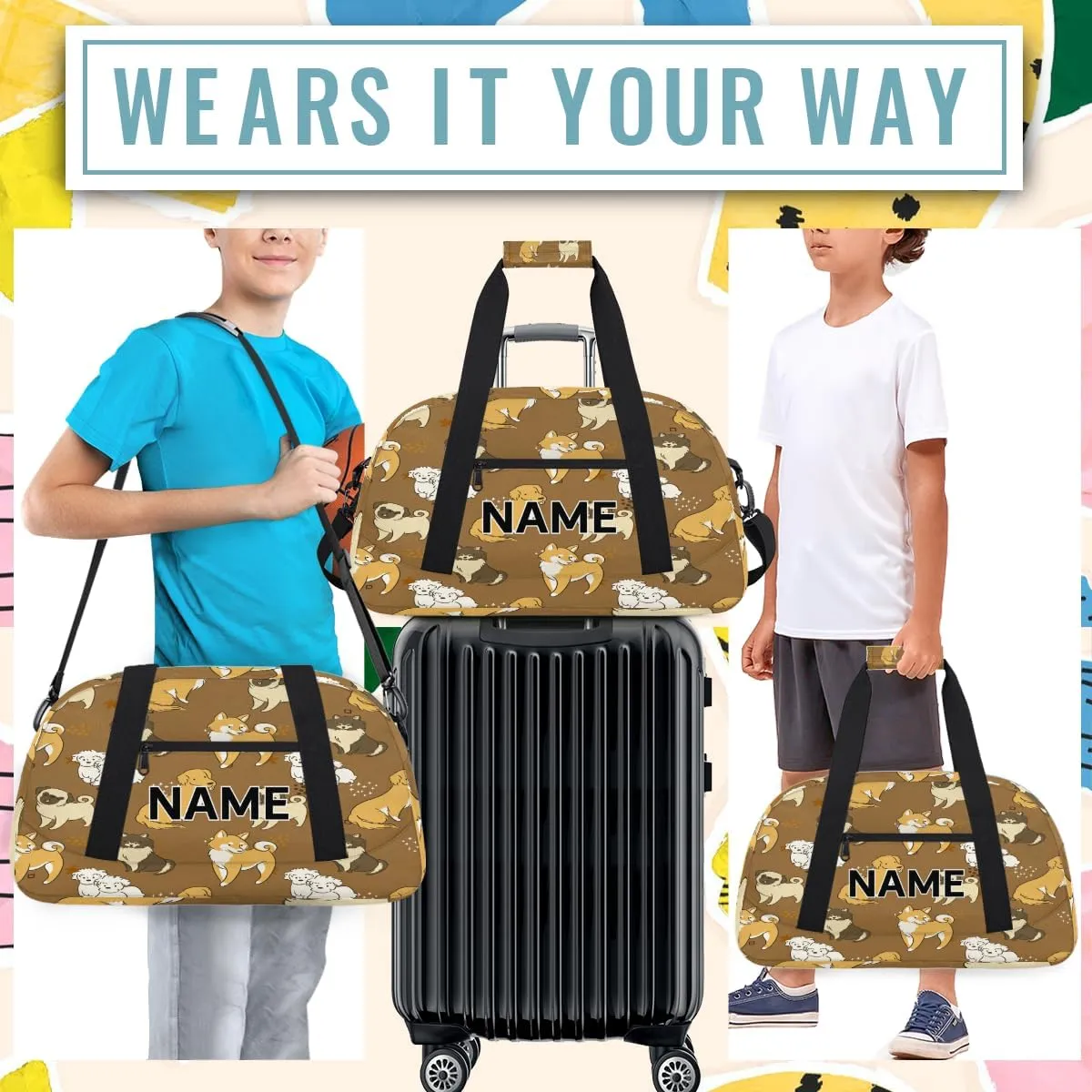 Custom Dog Small Gym Bag 18 inch for Women Men Personalized Puppy Little Cute Carry On Overnight Weekender Bag for Travel Work Dance Sport