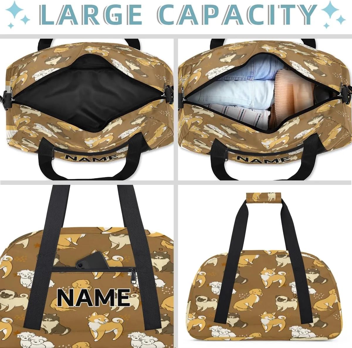 Custom Dog Small Gym Bag 18 inch for Women Men Personalized Puppy Little Cute Carry On Overnight Weekender Bag for Travel Work Dance Sport