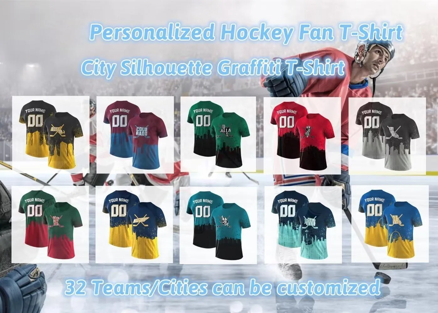 Custom Hockey T-Shirts,Hockey City Map Graffiti T-Shirt Unisex,Personalized Name and Number for Men Women Youth
