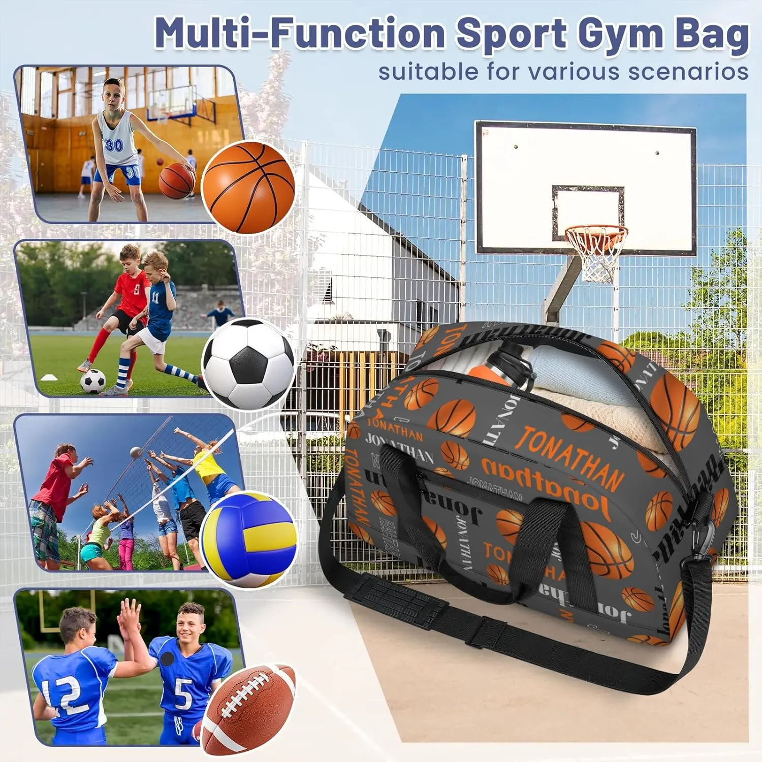 Custom-Personalize-Kids-Duffel-Bags with Name Text Carry-On Overnight Travel Gym Lightweight Dance Sports Bags For Girls Boys Kids Basketball