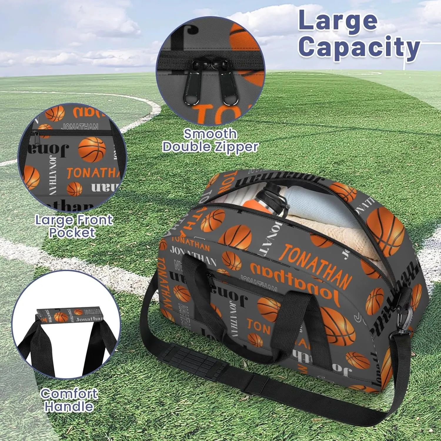 Custom-Personalize-Kids-Duffel-Bags with Name Text Carry-On Overnight Travel Gym Lightweight Dance Sports Bags For Girls Boys Kids Basketball