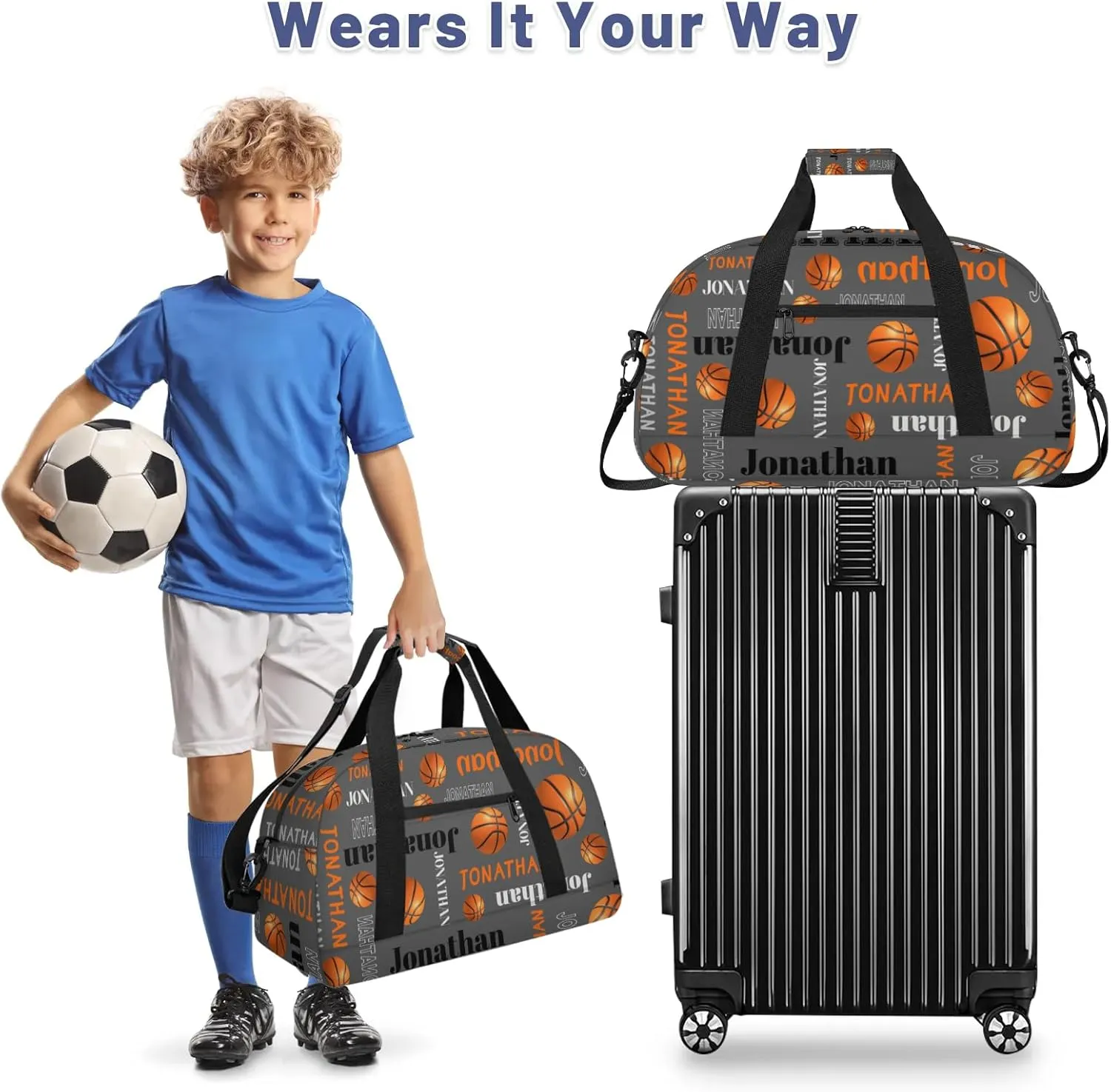 Custom-Personalize-Kids-Duffel-Bags with Name Text Carry-On Overnight Travel Gym Lightweight Dance Sports Bags For Girls Boys Kids Basketball