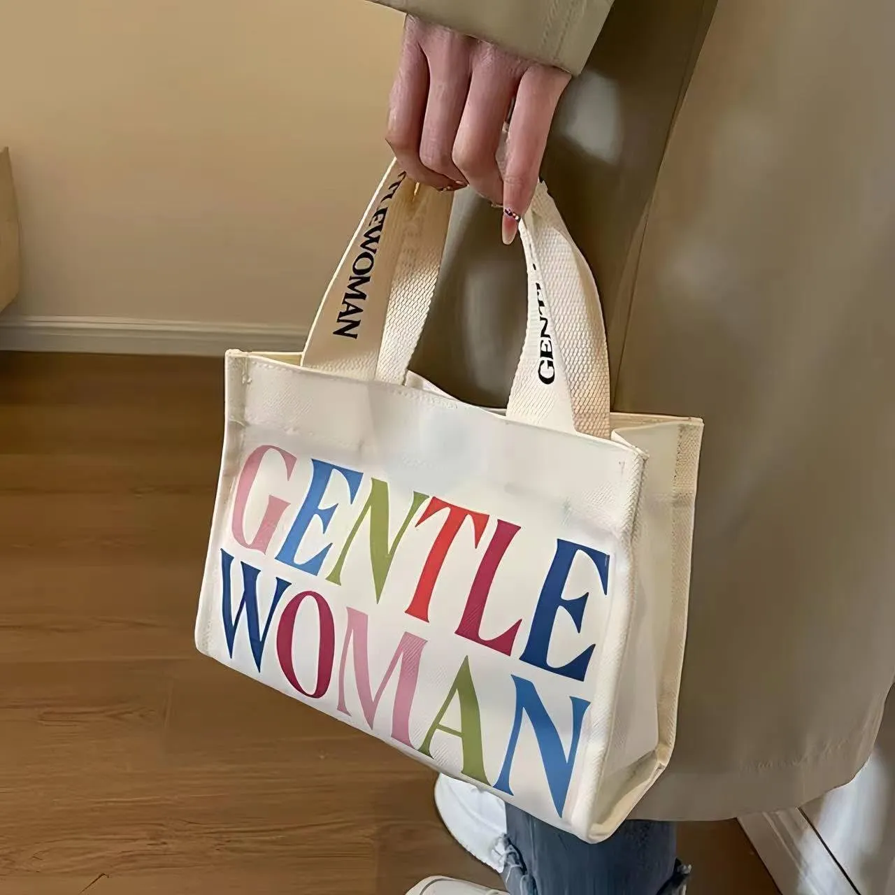 Cute Gentle Woman Tote Bag Colorful Hand-painted Canvas Handbags Handheld Shoulder Bag Office Travel Essentials