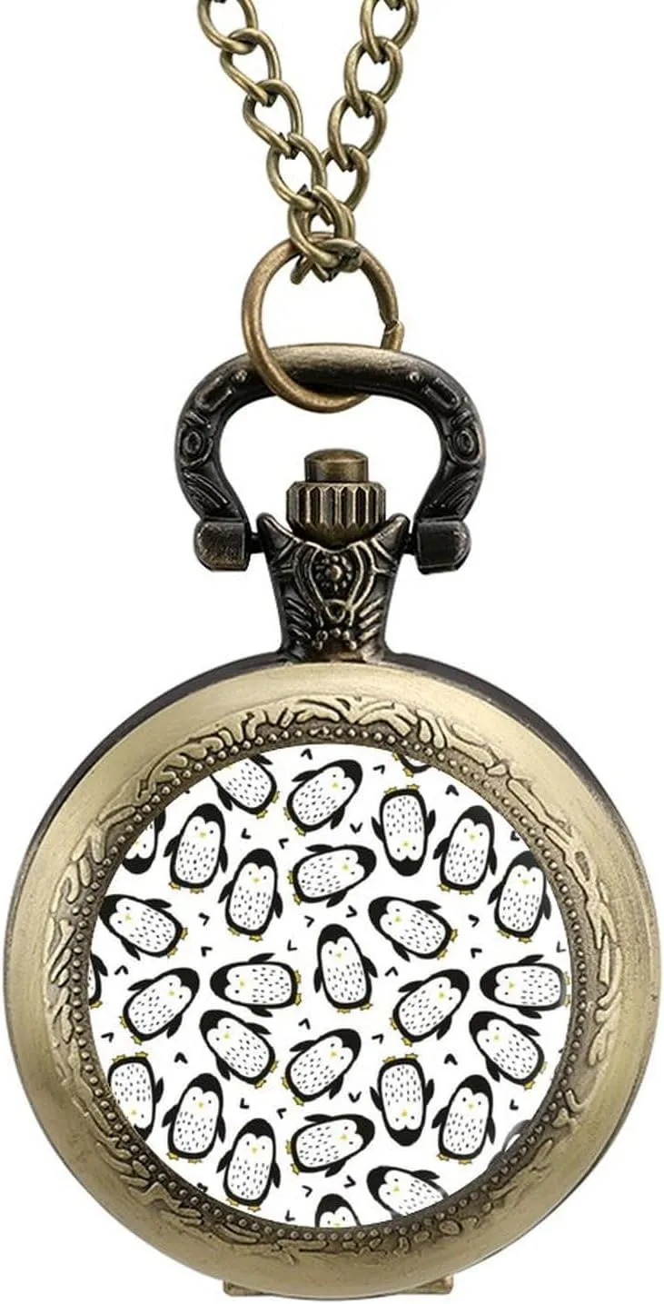 Cute Penguins Vintage Quartz Pocket Watch with Chain Numerals Scale for Christmas Graduation Birthday Gift