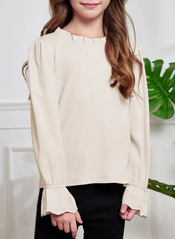Cute Shirts for Girls Ruffle Long Sleeve Crewneck Ribbed Knit Blouses Tops 6-15 Years
