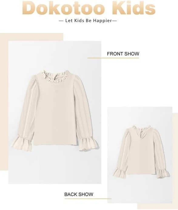 Cute Shirts for Girls Ruffle Long Sleeve Crewneck Ribbed Knit Blouses Tops 6-15 Years