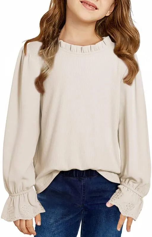 Cute Shirts for Girls Ruffle Long Sleeve Crewneck Ribbed Knit Blouses Tops 6-15 Years