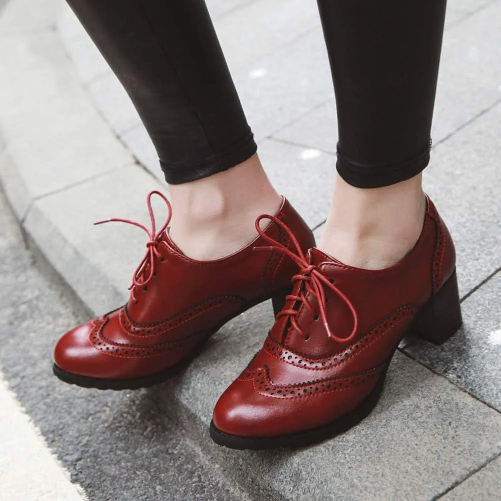 CYNLLIO Women's Vintage Wingtips Lace up Oxfords Brogues Shoes Mid Chunky Heels Pumps Perforated Dress Saddle Shoes