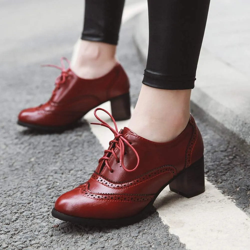 CYNLLIO Women's Vintage Wingtips Lace up Oxfords Brogues Shoes Mid Chunky Heels Pumps Perforated Dress Saddle Shoes