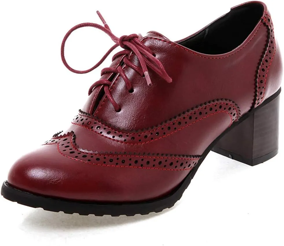 CYNLLIO Women's Vintage Wingtips Lace up Oxfords Brogues Shoes Mid Chunky Heels Pumps Perforated Dress Saddle Shoes