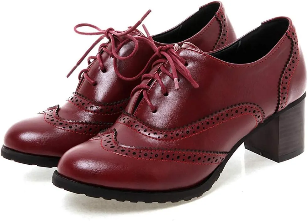 CYNLLIO Women's Vintage Wingtips Lace up Oxfords Brogues Shoes Mid Chunky Heels Pumps Perforated Dress Saddle Shoes