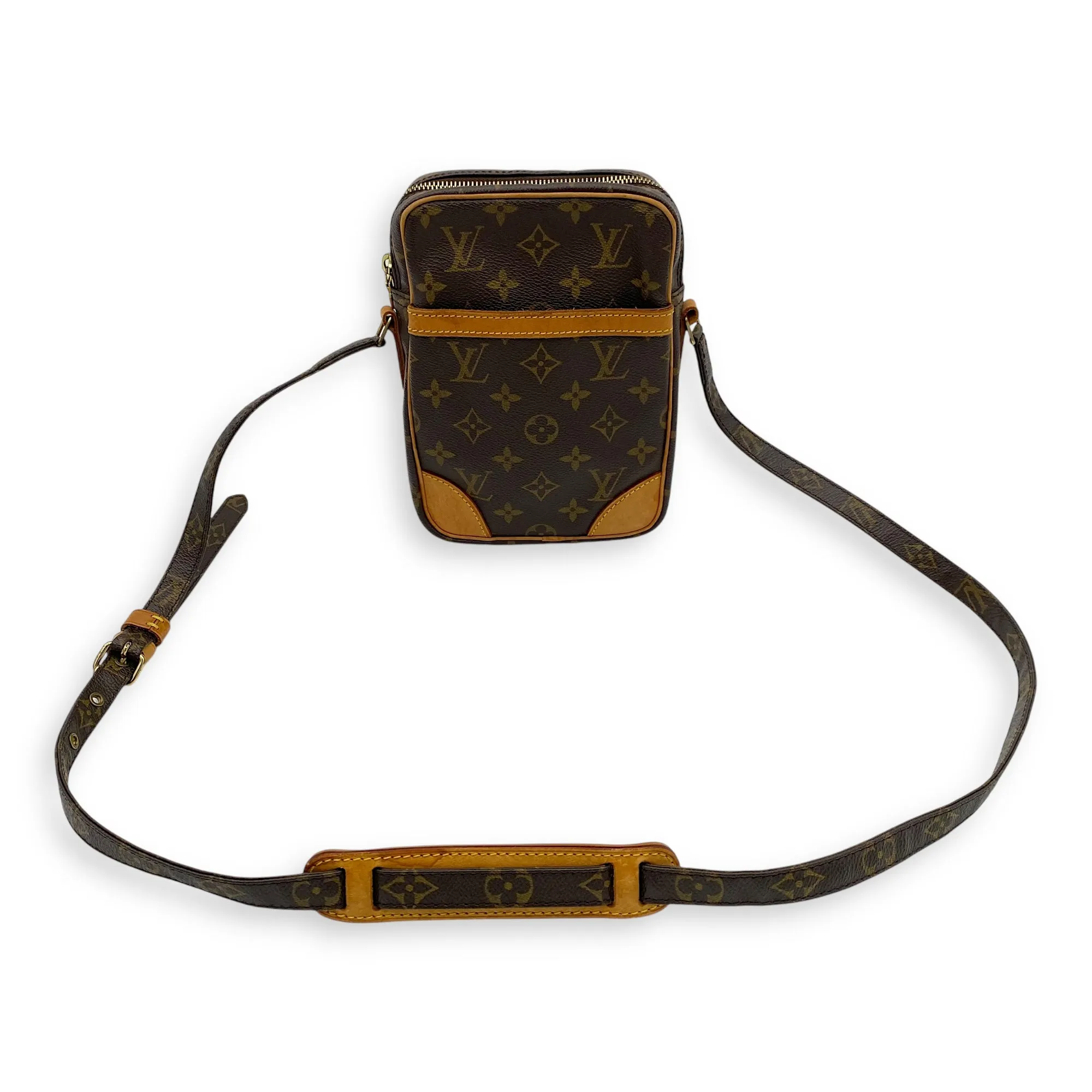 Danube Brown Crossbody Bag in Monogram Coated Canvas, Gold hardware