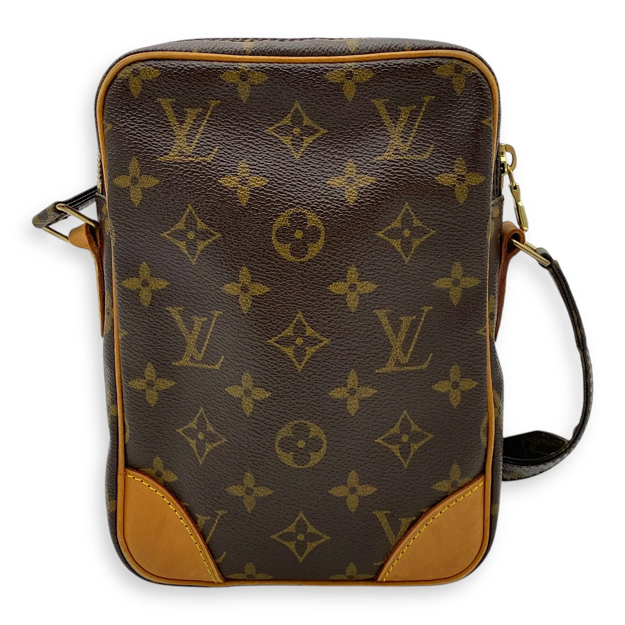 Danube Brown Crossbody Bag in Monogram Coated Canvas, Gold hardware