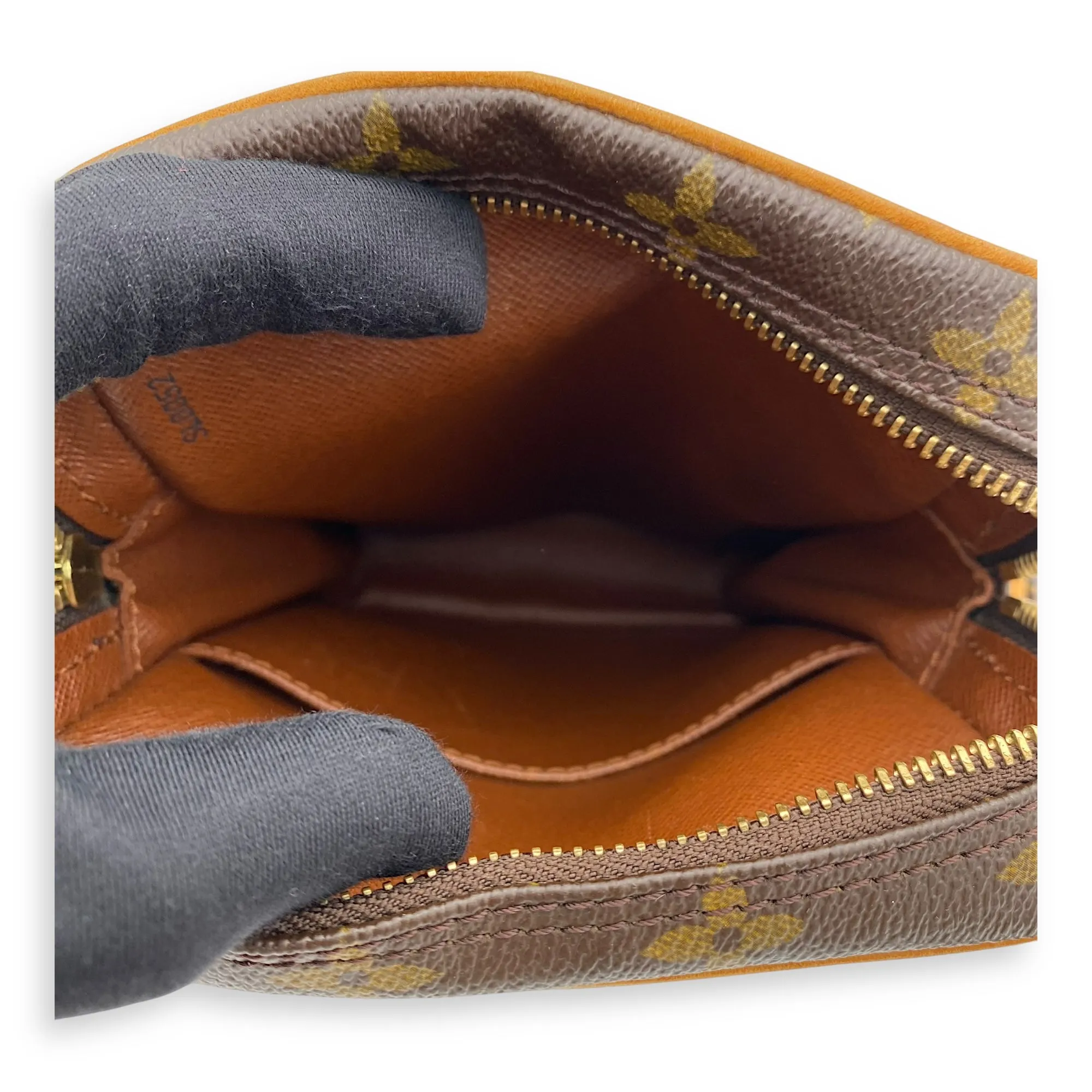 Danube Brown Crossbody Bag in Monogram Coated Canvas, Gold hardware